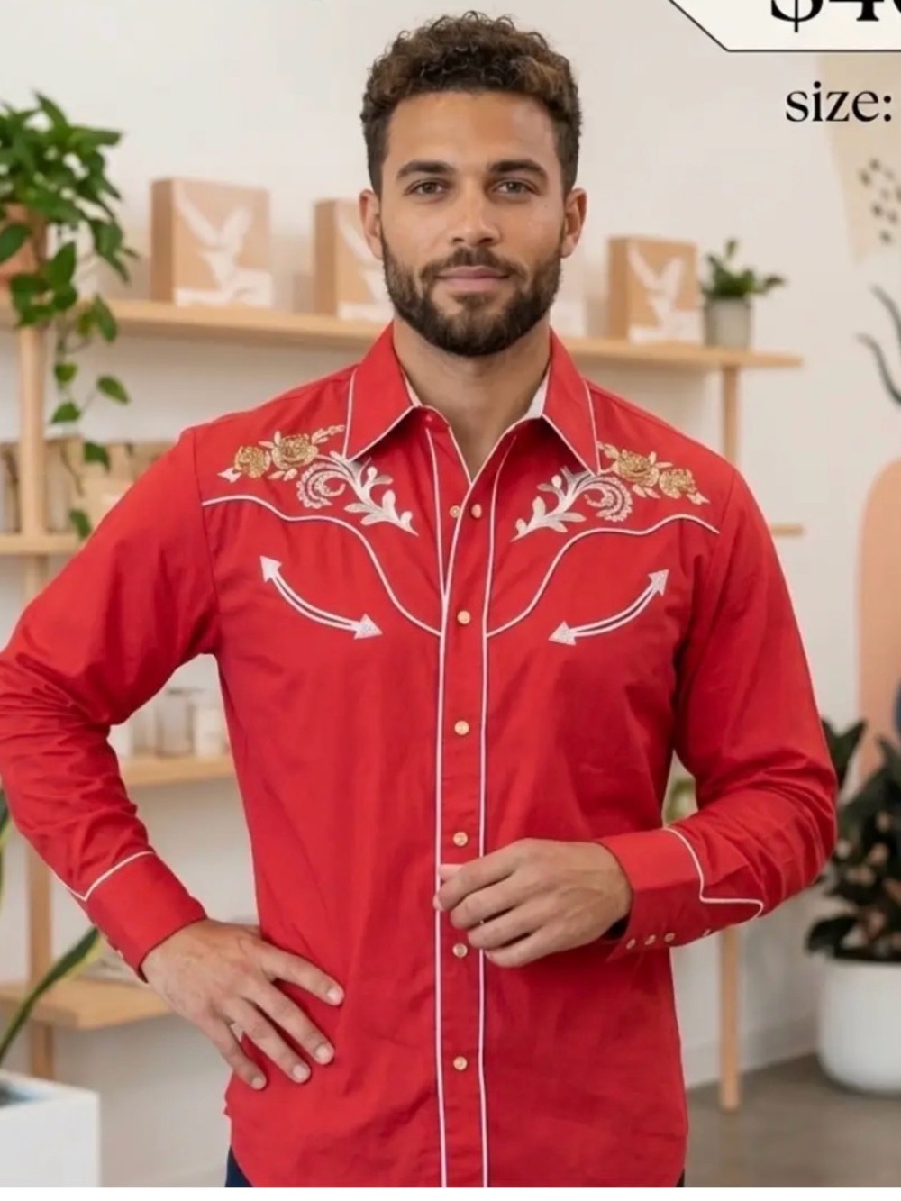 Men's Red Western-Style Embroidered Button-Down Shirt